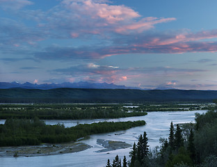 Image showing Sunset colors on clouds over Alaska range