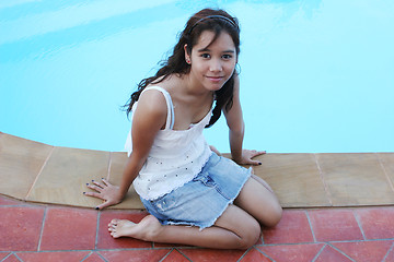 Image showing Teenager sitting by the side of the swimming pool