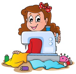 Image showing Cartoon girl with sewing machine