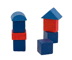 Image showing red blue wood log toy tower construction isolated 