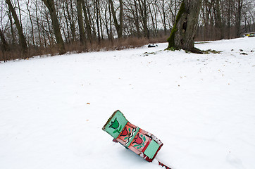 Image showing fallen painted bird nesting box lie snow winter 