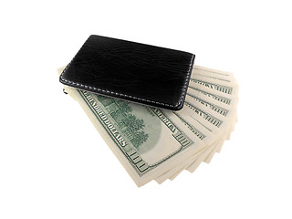 Image showing Black leather wallet with dollars white isolated