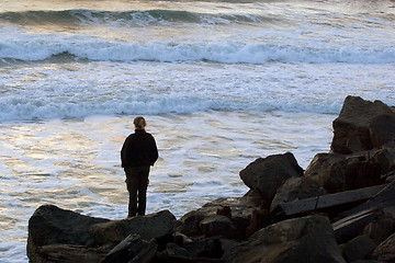 Image showing Woman Contemplates the Waves, South Jetty