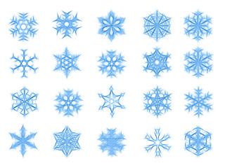 Image showing Set of 20 blue snowflakes in sketch style