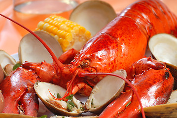 Image showing Boiled lobster dinner with clams and corn