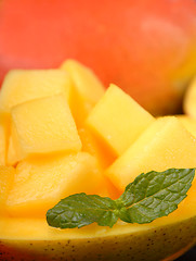 Image showing Sweet mango diced up and served in its shell