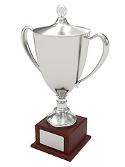 Image showing Silver trophy cup on wood pedestal with blank plate