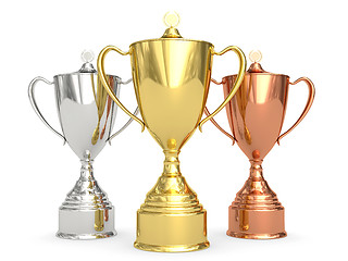 Image showing Golden, silver and bronze trophy cups on white