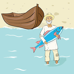 Image showing The old fisherman with fish ashore