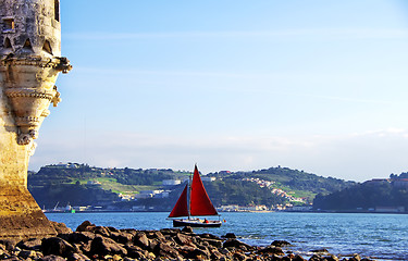 Image showing Red sailboat on Tejo river, Portugal