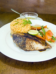 Image showing yellowfin tuna steak with vegetables rice