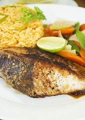 Image showing yellowfin tuna steak with vegetables rice