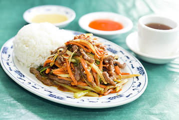 Image showing Chinese roast pork with mixed vegetables