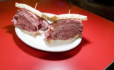 Image showing combination tongue corned beef sandwich seeded rye bread