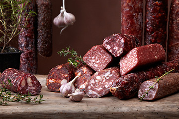 Image showing various salami sausages