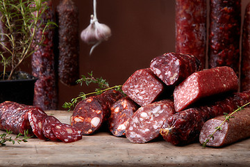 Image showing various salami sausages