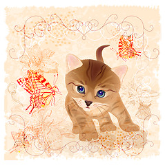 Image showing birthday card with little  kitten, flowers and butterflies