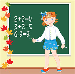 Image showing Back to school.  Schoolgirl on the lesson of mathematics.