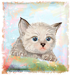 Image showing hand drawn portrait of the fluffy kitten  with blue eyes