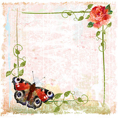 Image showing vintage background with red roses, ivy and butterfly