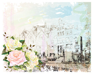 Image showing vintage illustration of Amsterdam street and roses. Watercolor s