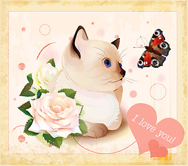 Image showing Valentines day greeting card with kitten, butterfly and roses