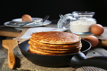 Image showing Oatmeal pancakes in a frying pan.