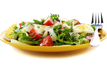 Image showing Salad with tomatoes, cheese and chicken in a yellow plate.