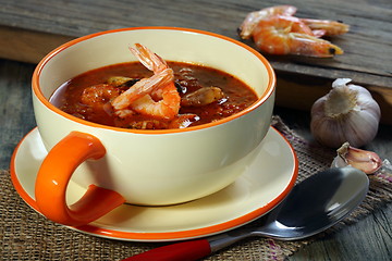 Image showing Tomato soup with mussels and shrimp.