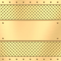 Image showing Blank golden plate on grid background with rivets