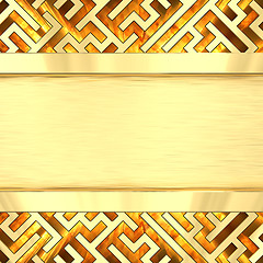 Image showing Blank golden plate on maze background with flame