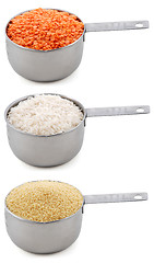 Image showing Staple ingredients - lentils, white rice and cous-cous - in cups