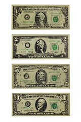 Image showing American dollars face value 1, 2, 5 and 10 dollars