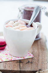 Image showing Hot chocolate with marshmallows and macaroon