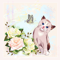 Image showing greeting card with kitten, butterfly and roses