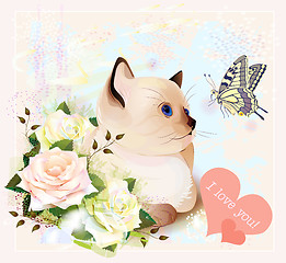 Image showing Valentines day greeting card with kitten, butterfly and roses