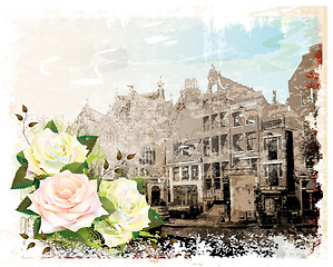 Image showing vintage illustration of Amsterdam street and roses. Watercolor s