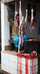 Image showing Butcher and his stall at the market in India