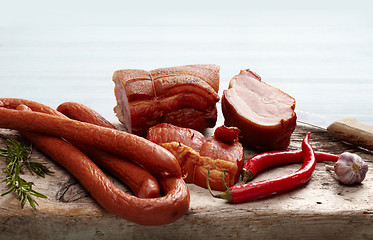 Image showing smoked meat and sausages