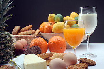 Image showing Breakfast with juice, milk, fruits and eggs