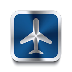 Image showing Square metal button - blue airplane icon