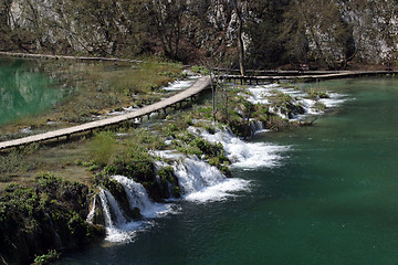 Image showing Wooden pathway in Plitvice Lakes national park in Croatia