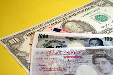 Image showing usa currencies, english pound, japanese yen,euro banknote