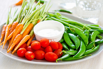 Image showing Fresh vegetables with dipping sauce