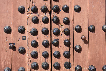 Image showing Big black nails on a door.