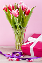 Image showing pink and white tulips present ribbon easter birthday