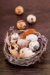 Image showing easter decoration with quail eggs on wood
