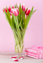 Image showing pink and white tulips present ribbon easter birthday