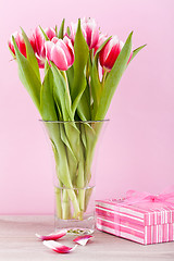 Image showing pink and white tulips present ribbon easter birthday