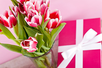 Image showing pink and white tulips present ribbon easter birthday